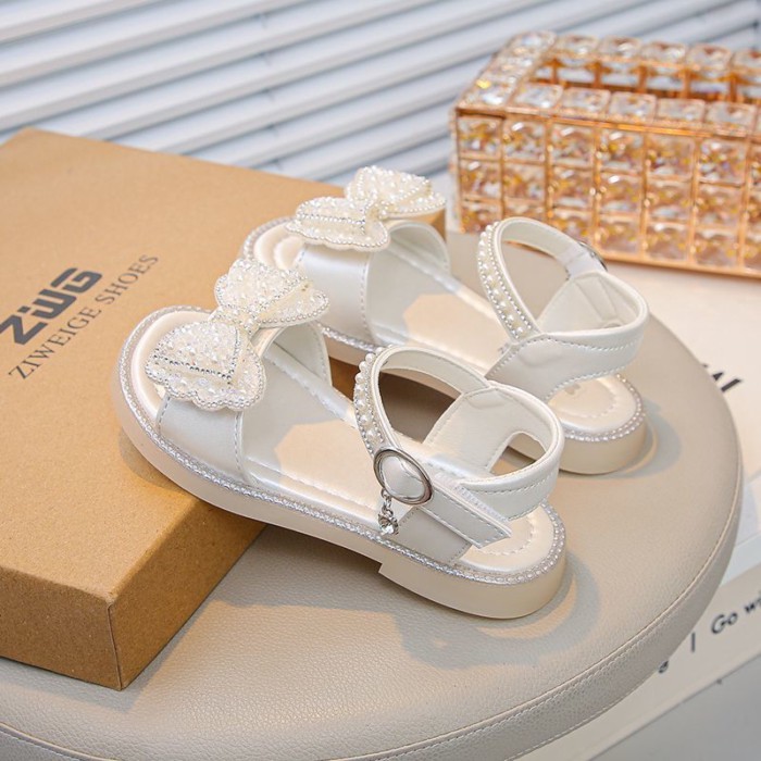 Giày Sandal Đế Mềm Nơ Pha Lê Giày Bé Gái Ngọc Trai Giày Công Chúa Giày Đi Biển Hợp Thời Trang