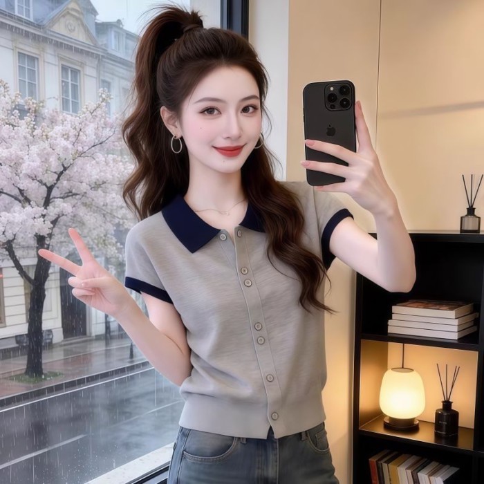 Màu sắc tương phản Hàn Quốc cổ polo ngắn tay băng lụa dệt kim cardigan nữ tính cài nút mỏng