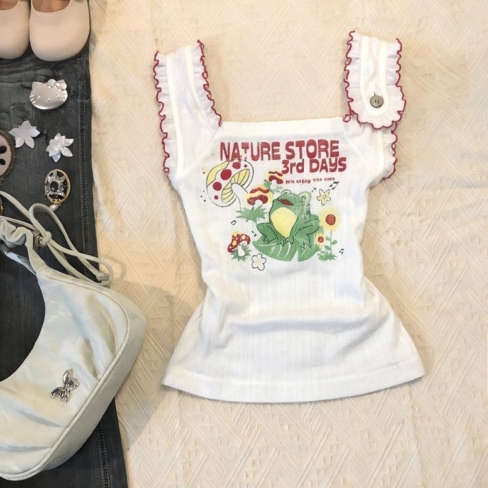 Mỹ Retro nhỏ bay tay áo vest thiên niên kỷ ngọt ngào hottie y2k màu sắc tương phản trẻ con in