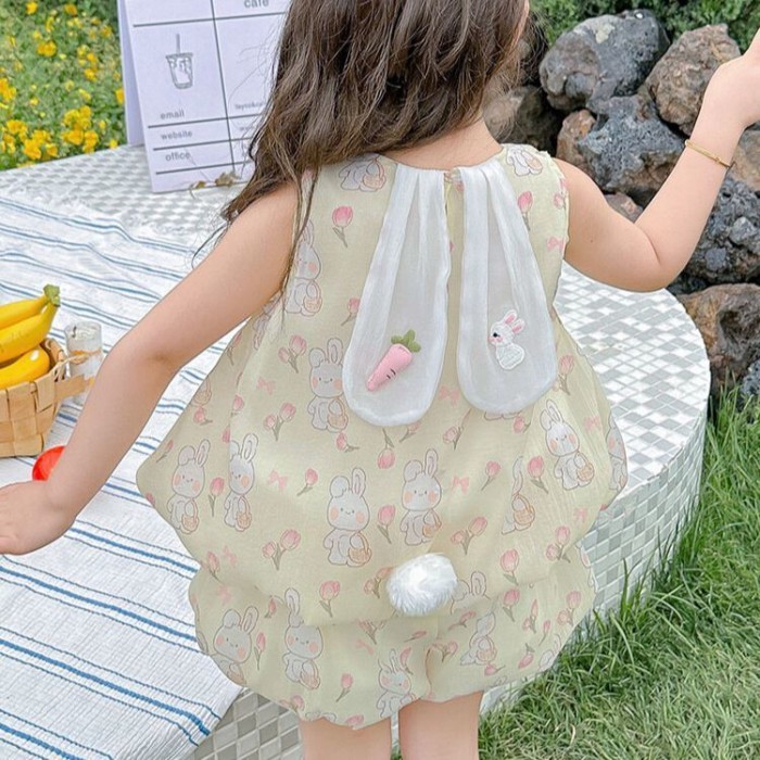 Bé Gái Mùa Hè Dễ Thương Ba Chiều Tai Thỏ Đầm Nữ Mới Hoạt Hình Thời Trang Không Tay Hoa