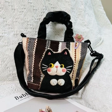 Retro Sọc Mèo Đen Thêu Túi Tote Nữ Sinh Viên Đại Học Lớp Túi Đa Năng Dung Tích Lớn Túi Bucket