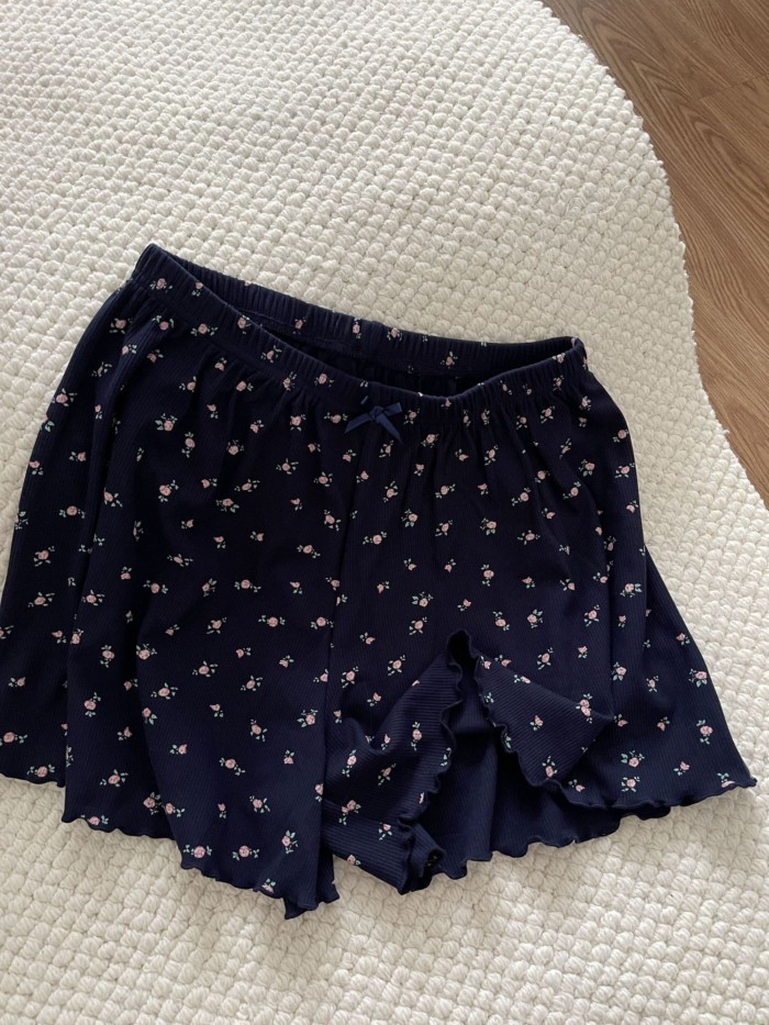 Bộ đồ ngủ ngắn tay in hoa cao cấp dành cho nữ mùa hè quần short hai mảnh phong cách mới có mi