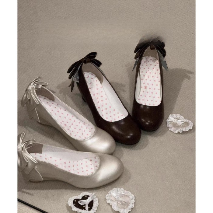 Giày cao gót đế xuồng ren chấm bi tình yêu có thể tháo rời cho nữ mùa xuân mới giày lolita nơ
