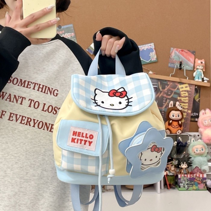 Túi Đi Học Mới Trường Cao Đẳng Ba Lô Kẻ Sọc Dễ Thương Dây Rút Mini KT Girl Katie Hoạt Hình Ba