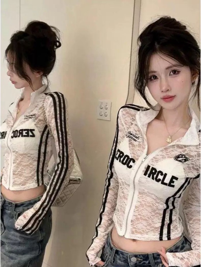 Áo len cardigan ren xuyên thấu kiểu Mỹ có cổ đứng dài tay dáng ôm mùa hè dành cho nữ