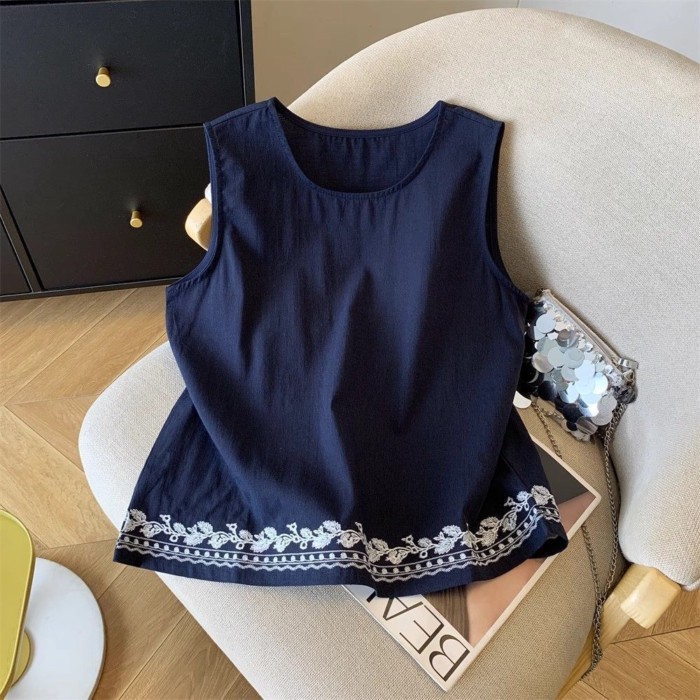 áo thun thêu bằng vải cotton và vải lanh công nghiệp nặng phong cách Trung Quốc mùa hè thời tran
