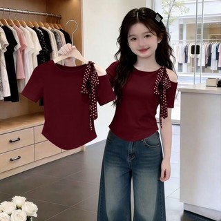 Áo thun cotton ngắn tay mùa hè cho bé gái từ trung đến lớn thiết kế lệch vai, áo ngoài dáng ôm vừa