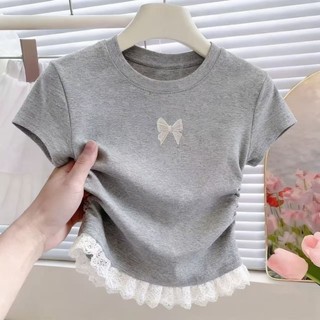 Áo ren nối mùa hè cho bé gái phong cách Hàn Quốc tay ngắn in hoạt hình thiết kế xếp ly dáng ôm vừa