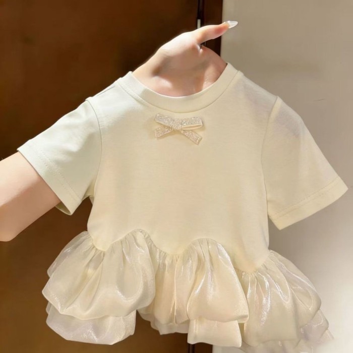 cô gái mùa hè mới áo ngắn tay kem nhún bèo ngọt ngào Hàn Quốc áo cotton đa năng