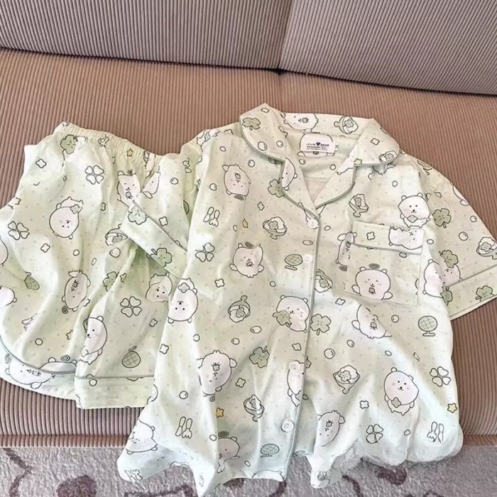 Yunduo cotton trong cỏ gió Bộ đồ ngủ màu xanh lá cây tươi sáng của phụ nữ quần short ngắn tay