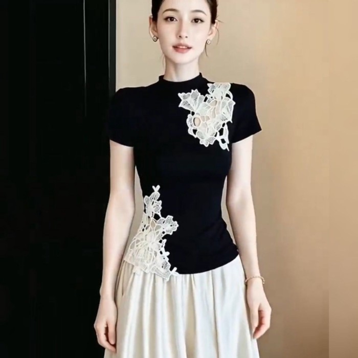 Áo thun ngắn tay phối ren cotton nguyên chất phong cách Trung Hoa mới cho phái đẹp thon gọn tron