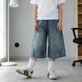 Quần crop denim bé gái phong cách mùa hè quần trẻ em đa năng quần ống rộng ống rộng phong cách Hàn