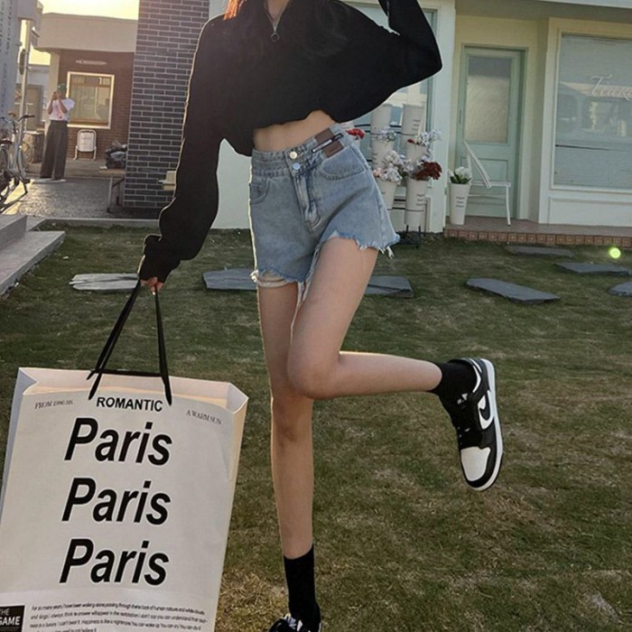 Quần short denim cạp cao thông thường dành cho nữ xuân hè 2023 Quần short chữ A dáng rộng ống