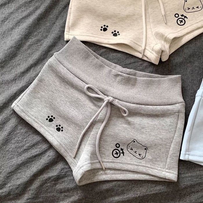 Quần short thể thao nữ in hình mèo, phù hợp mùa hè, dáng slim-fit
