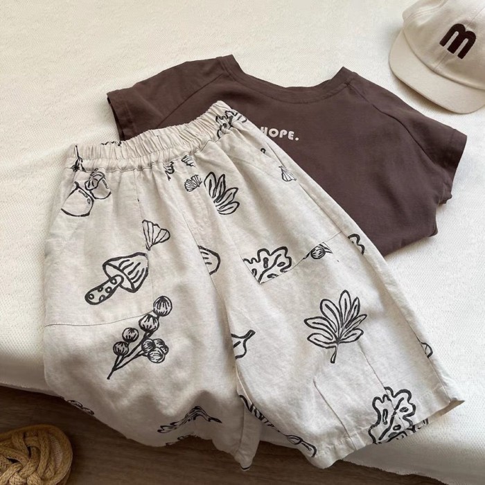 Quần áo trẻ em phong cách văn học cổ điển Hàn Quốc quần crop in cotton và lanh cho bé gái quầ