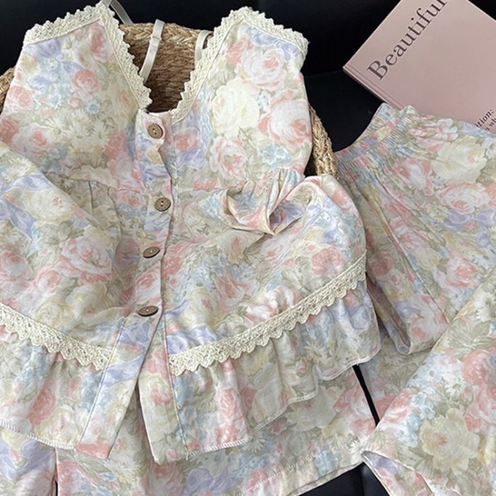Bộ đồ ngủ kiểu mới có miếng đệm ngực, dây treo nữ, bộ hai mảnh hoa ngọt ngào mùa hè, dây treo