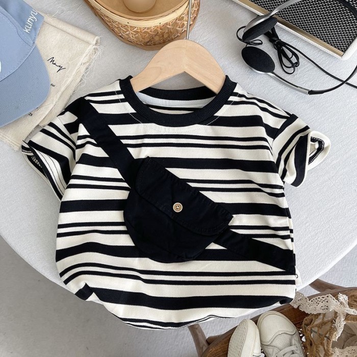 Mùa Hè bé trai sọc ngắn tay phù hợp với bé túi đeo chéo thời trang áo liền quần quần short thườn