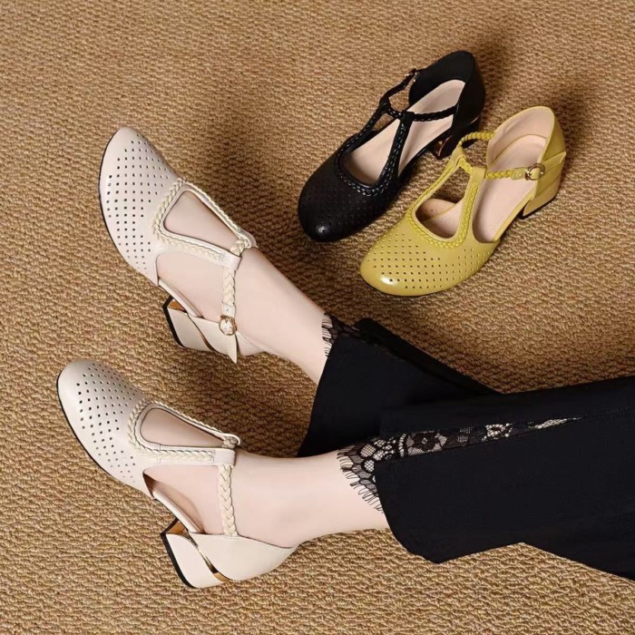 Rỗng Thoáng Khí Giày Sandal Nữ Mùa Hè Phong Cách Mới Da Mềm Mềm Dày Gót Thẳng Bên Ngoài La Mã Gi