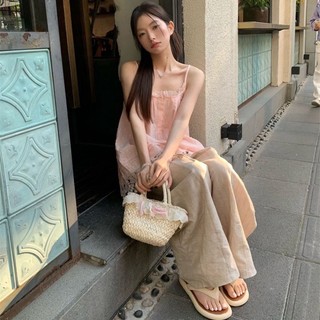 Màu hồng ngọt ngào áo sơ mi babydoll dáng rộng không tay có dây đeo nữ mùa hè mới thiết kế áo