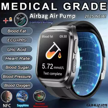 Đồng hồ thông minh huyết áp chính xác 2025, đo đường huyết, lipid, điện tâm đồ+PPG+NFC, có bơm khí nén, dành cho nam gi