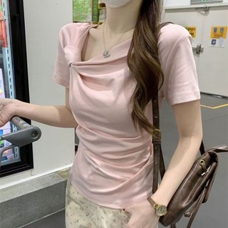 áo xoắn slim fit cổ nghiêng Áo thun không đều mùa hè mới xếp li dáng ngắn tay ngắn phong cách Hà