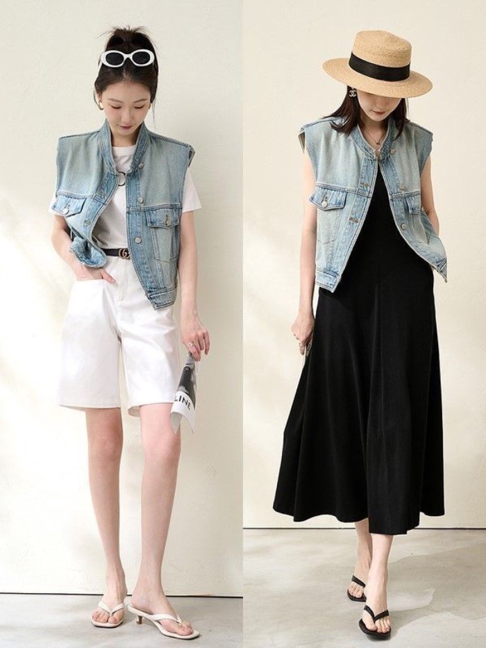 Lan Retro Áo Vest Denim Xuân Thu, Cổ Đứng và Miếng Lót Vai, Thích Hợp Thời Trang