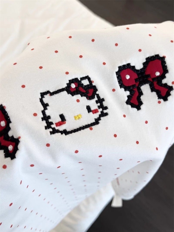 Kitty Bộ đồ ngủ ngắn tay in họa tiết chấm bi màu đỏ dành cho nữ mùa hè Áo thun ngắn tay có thể