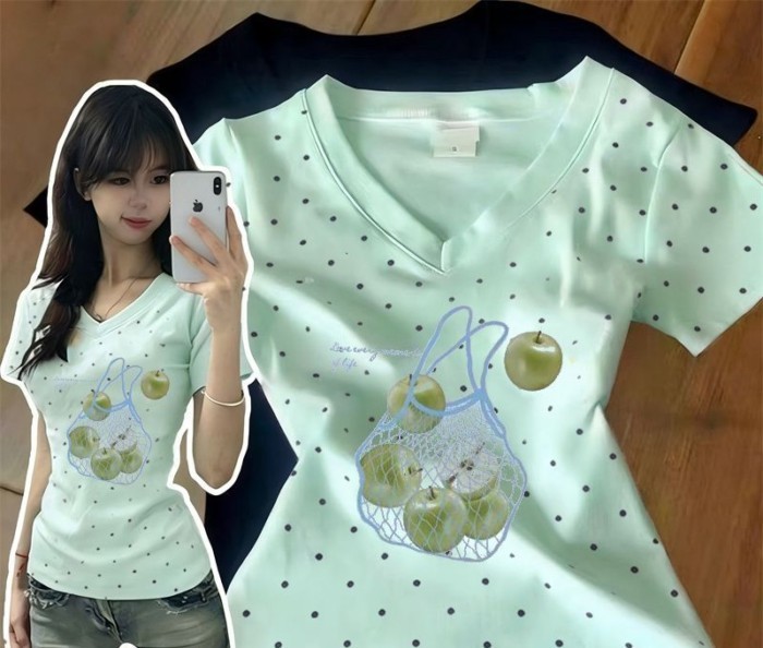 V cổ áo chấm bi ngắn tay phong cách mới giảm béo màu xanh bạc hà sang trọng phong cách nóng bỏ