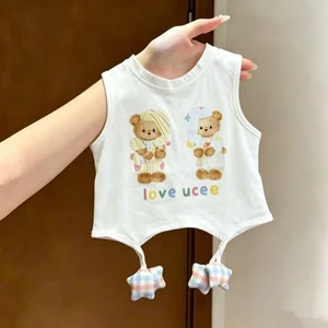 chiếc áo phông trẻ em không tay bằng vải cotton nguyên chất cho bé gái áo thun ngắn tay thời tra
