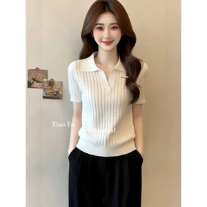 Áo thun polo dệt kim ngắn tay phong cách Hàn Quốc ngọt ngào áo thun nữ mỏng ôm vai phải