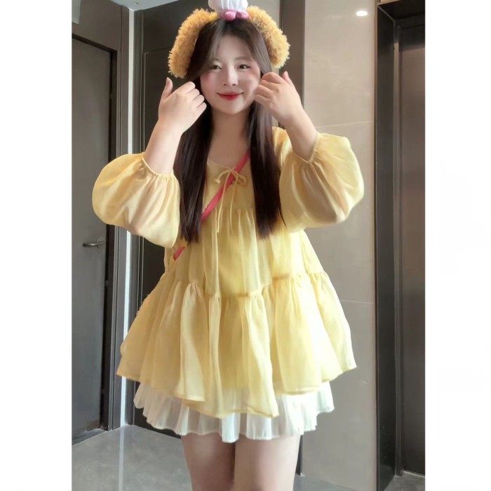 Áo phồng tay phồng màu vàng tươi, đầu thu dễ thương và ngọt ngào cho nữ, dễ thương và ngọt ngào tro