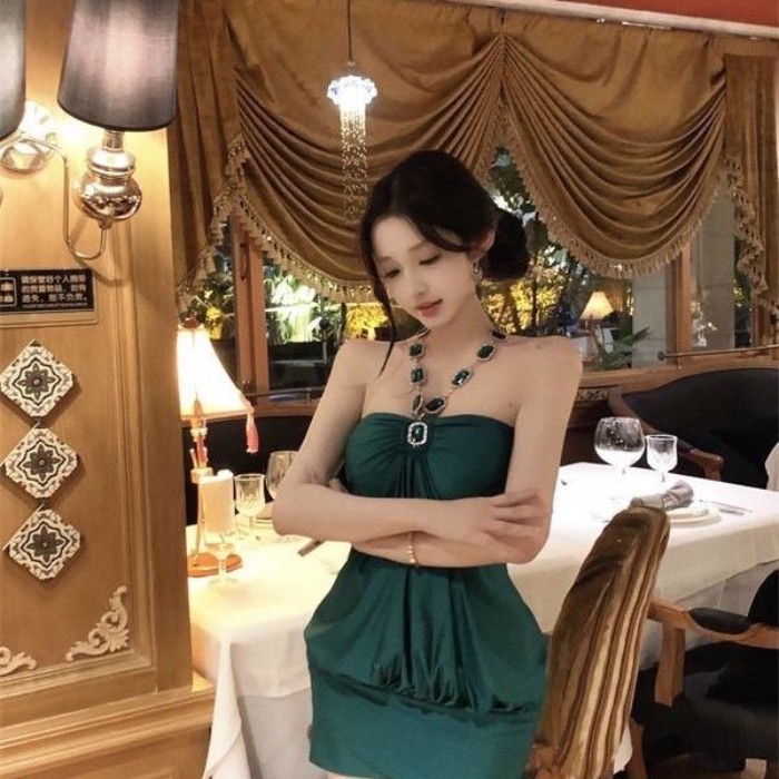 Đầm dây cổ ống đính kim cương xanh con công cao cấp dành cho nữ mùa hè mới thuần khiết khao k