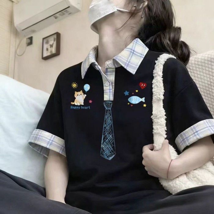 Mèo dễ thương in hình cá kẻ sọc áo sơ mi polo dành cho nữ mùa hè đại học phong cách dáng rộng áo th