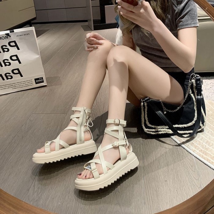 Giày Sandal La Mã Nữ Đế Dày Sinh Viên Đa Năng Niche Pháp Quai Đeo Cổ Tích Cổ Cao-Top Rỗng Xăn