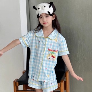 Kẻ Sọc Mèo Kitty Bộ Đồ Ngủ Bé Gái Mùa Hè Mỏng Bé Gái Tay Ngắn Phù Hợp Với Trẻ Em Nhà Quần Áo Áo Kho