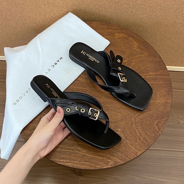 Dép xỏ ngón đế phẳng thiết kế theo phong cách Pháp dành cho nữ mùa hè thông thường dép xỏ ngón đế m