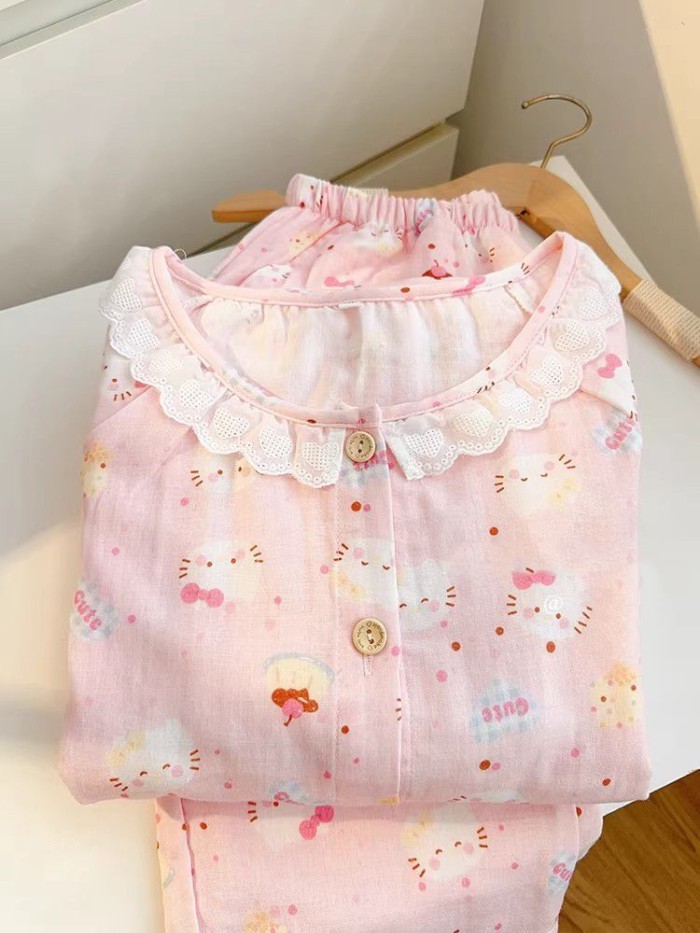 Dễ Thương In Hình Hello Kitty Dài Tay Cloud Cotton Mùa Ngọt Quần Mỏng Trẻ Em Mặc Ở Nhà Hai Bộ