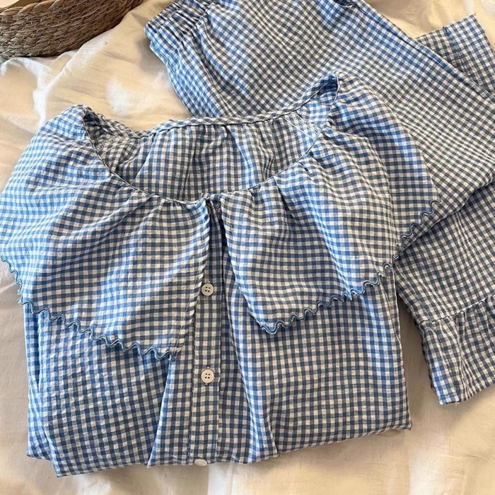 Bộ đồ len kẻ sọc ngọt ngào cao cấp Hàn Quốc Bộ đồ ngủ cardigan cổ búp bê dễ thương rộng rãi v