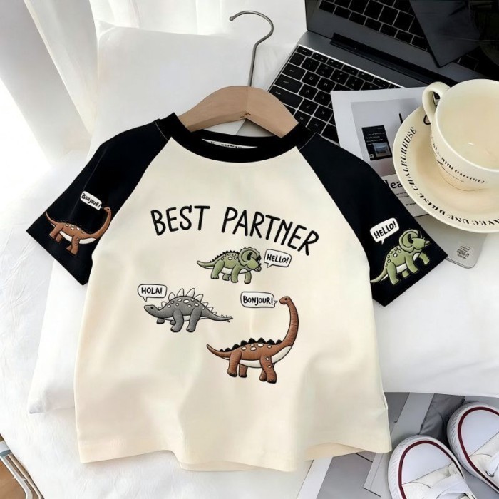 Áo thun ngắn tay mới phổ biến cho trẻ em mùa hè bé trai in hình khủng long đa năng phong cách