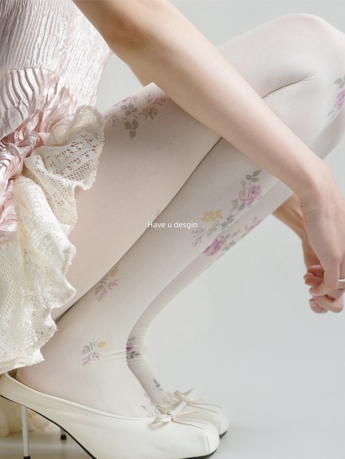 Quần legging trắng nữ họa tiết hoa hồng in nhung, phong cách retro, phù hợp cho mùa xuân