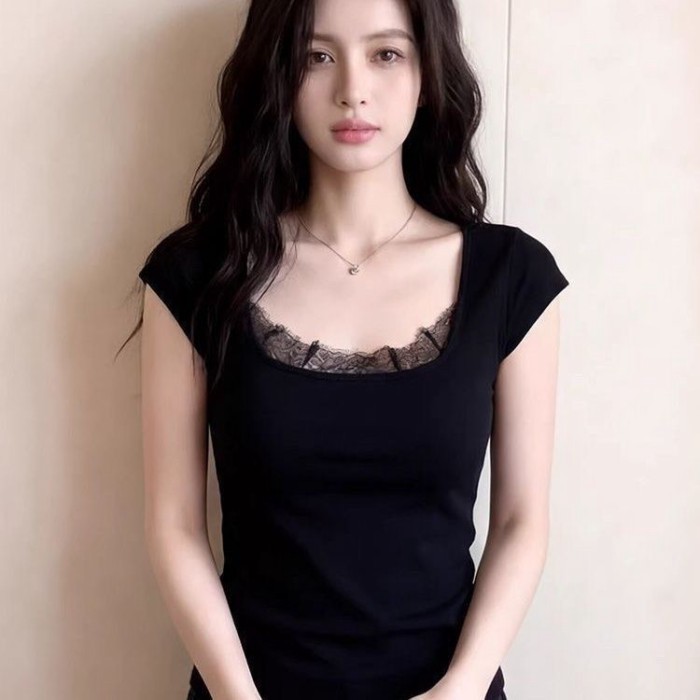 Áo ghi lê ren cổ vuông màu đen Áo thun không tay niche hàng đầu giảm béo vận chuyển
