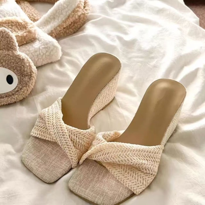 Vô cùng thoải mái! Dép đế bệt mũi vuông bện phong cách retro dành cho nữ đi biển cao gót dép
