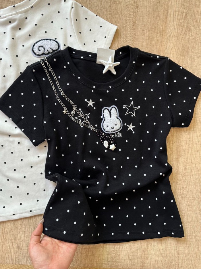 Hoạt Hình Dễ Thương In Hình Thỏ Chấm Bi Ngôi Sao Áo Thun Nữ Tay Ngắn Nữ Mùa Hè Slim Fit Đa Năng Y2K