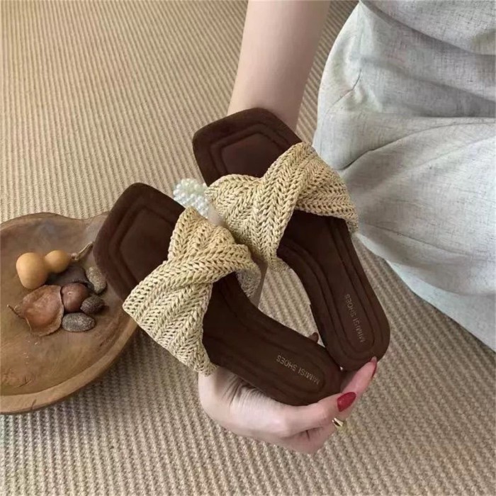 Dép dệt mũi vuông phẳng kiểu cổ điển dành cho nữ mùa hè Áo khoác ngoài mùa hè mới phong cách