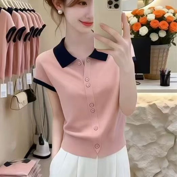 màu sắc tương phản thích hợp áo thun ngắn tay có ve áo dành cho nữ mùa hè phong cách mới tay áo
