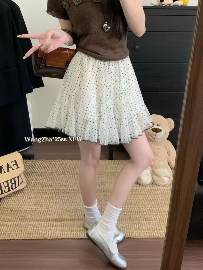 Thời trang xuân hè váy lưới mới phiên bản Hàn Quốc váy chấm bi váy chữ A dễ thương và đa năng