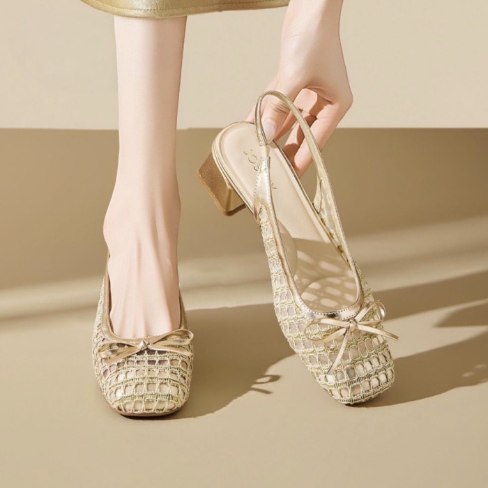 Giày Sandal Nữ Ice Silk Giày Cao Gót Gót Dày Dép Dệt Lưới Rỗng Giày Đơn Dây Quai Mũi Xăng Đan