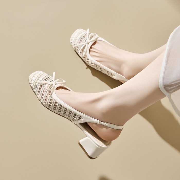 Giày Sandal Nữ Ice Silk Giày Cao Gót Gót Dày Dép Dệt Lưới Rỗng Giày Đơn Dây Quai Mũi Xăng Đan