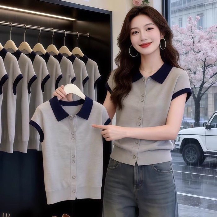 Màu sắc tương phản Hàn Quốc cổ polo ngắn tay băng lụa dệt kim cardigan nữ tính cài nút mỏng