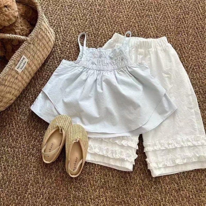 Quần bé gái mùa hè mới quần thẳng ống rộng cotton nguyên chất quần ống rộng viền mỏng thoáng